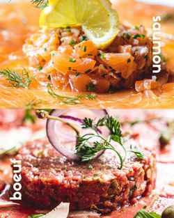 Tartare de saumon et de bœuf préparés maison, présentés avec herbes fraîches et rondelle de citron.