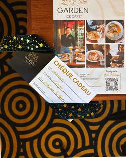 Chèque cadeau du Garden Ice Café, incluant un menu et des spécialités de cuisine fait maison.